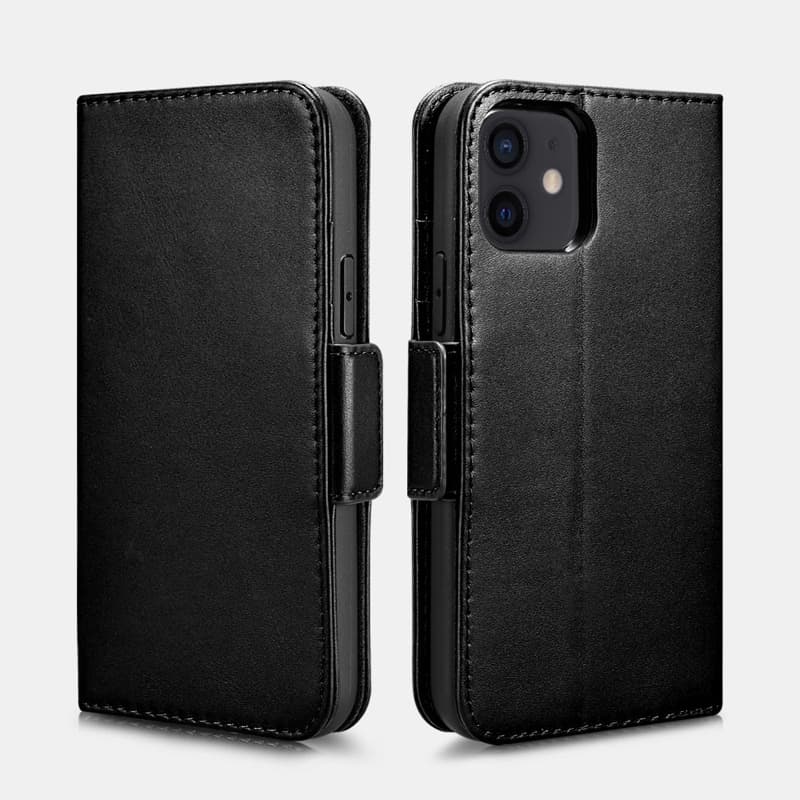 iPhone 12 Mini - iCarer Haixing Series étui à rabat en cuir véritable noir (WMI1212-BK)