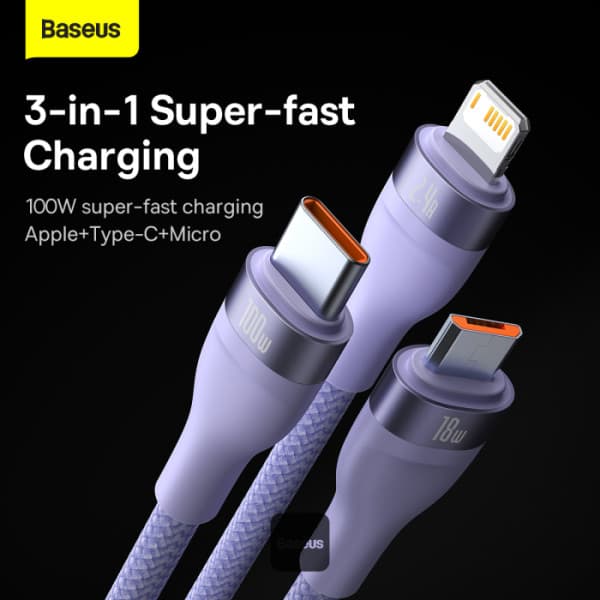 Baseus Flash Series Ⅱ One-for-three Fast Charging Cable USB to M+L+C 100W 1.5m Violett (CASS030005) – 2