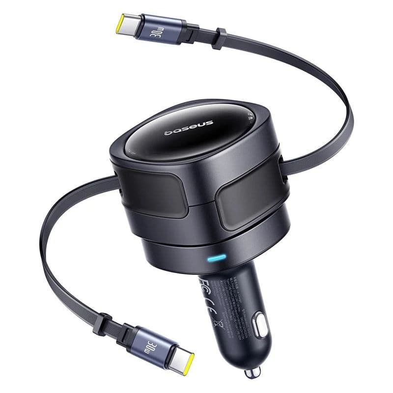 Caricabatterie da auto Baseus Enjoyment Max - 60W Doppio cavo USB-C retraibile, design ruotabile - Nero – 3