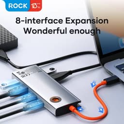 ROCK TR32 8-in-1 USB-C Dock - HDMI, RJ45, PD, 3×USB 3.0, SD/TF card reader, gray – Bild 3