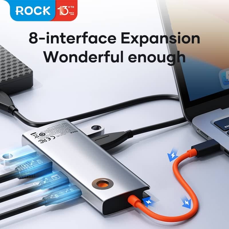 ROCK TR32 Dock USB-C 8-in-1 - HDMI, RJ45, PD, 3×USB 3.0, lettore di schede SD/TF, grigio – 3