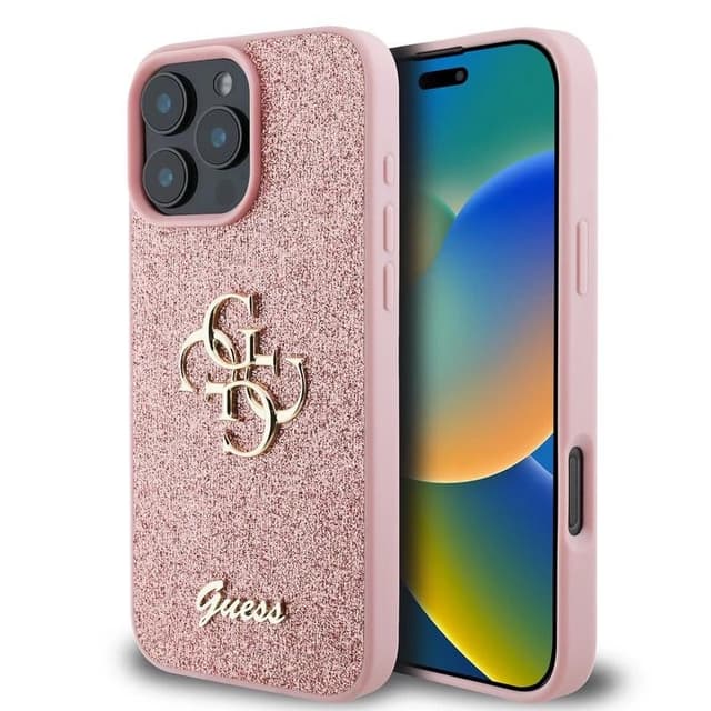 iPhone 16 Pro Max - Guess Glitter Metal Logo Case Pink GUHCP16XHG4SGP