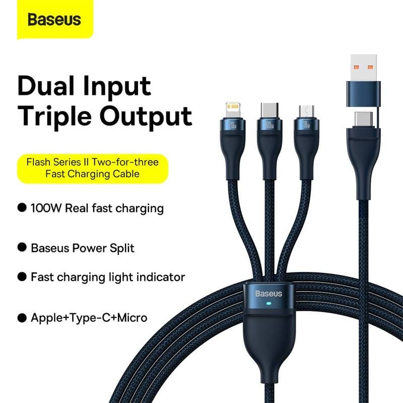 Baseus - Flash Serie Ⅱ - 2-in-1 Ladekabel U+C auf M+L+C, 100W 1.2m, Blau (CASS030103) – 4