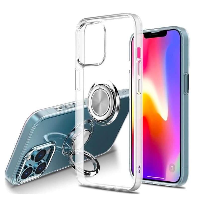 iPhone 13 Mini - étui transparent en forme d'anneau en argent avec fonction de rotation à 360