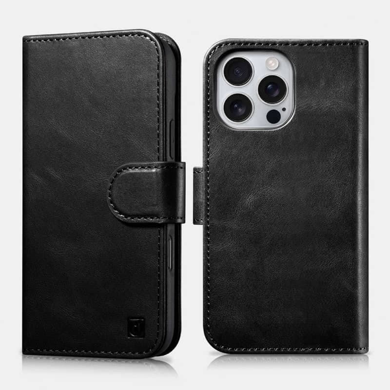 iPhone 16 Pro Max - iCarer Oil Wax Premium Genuine Leather Detachable 2 in 1 Wallet Flip Case con RFID Blocker, nero