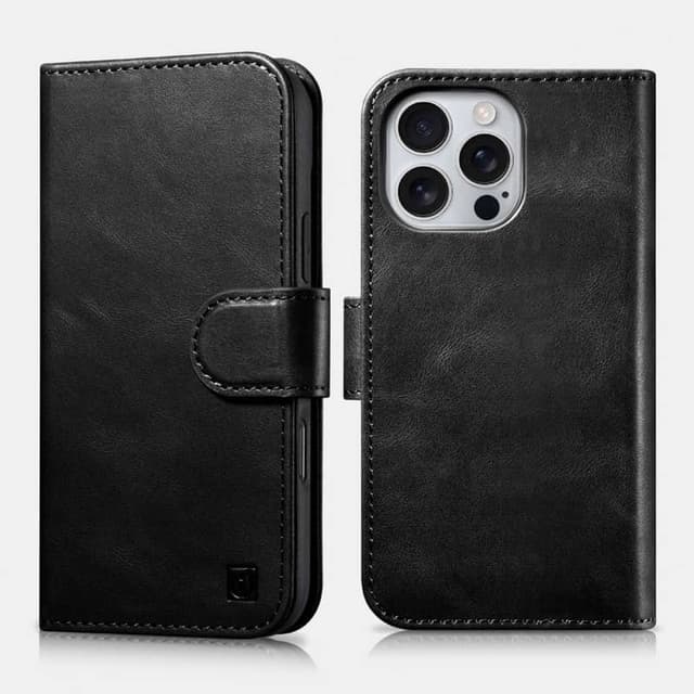 iPhone 16 Pro Max - iCarer Oil Wax Premium Genuine Leather Detachable 2 in 1 Wallet Flip Case with RFID Blocker, black