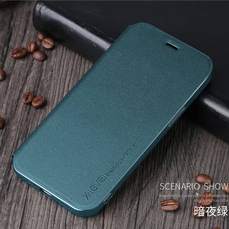 iPhone 12 / 12 Pro - X-Level FIBColor Flip Etui, Kunstleder, 360° Rundumschutz, Dunkelgrün – 3