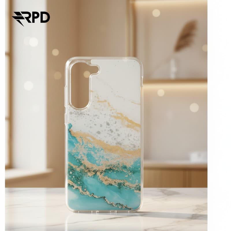 Samsung Galaxy S23 - custodia turchese con motivo a marmo dorato e accenti argentati. – 3