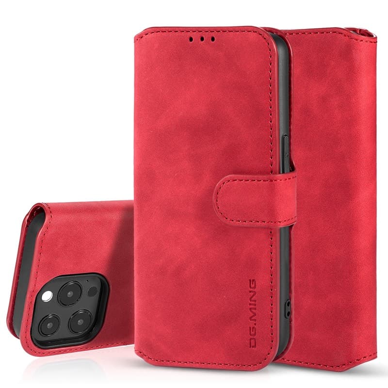 iPhone 13 Pro - DG.MING Custodia flip vintage con 3 slot per carte e chiusura magnetica, aspetto pelle, custodia protettiva, rosso – 3