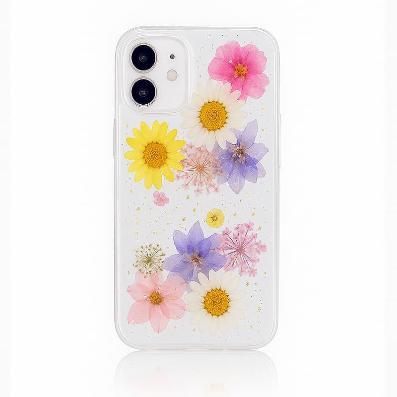 iPhone 16e/17e - Hülle mit echten Blumen und silberne Akzenten, Mehrfarbig