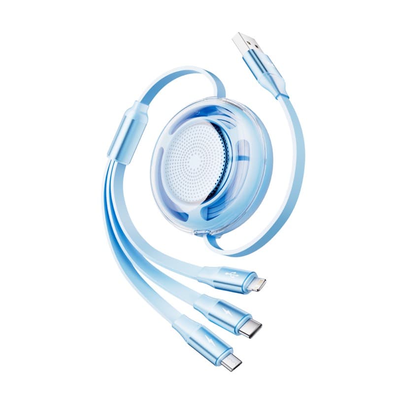 3 in 1 Datenkabel - Rock Honeycomb Series, Micro-USB, USB-C, Lightning, hellblau, einziehbar, 110cm – 2