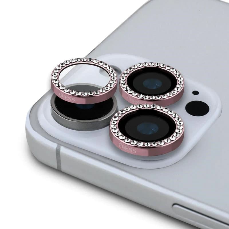 iPhone 16 Pro / iPhone 16 Pro Max - Guess Glitter Strass Obiettivo fotocamera 360 gradi, Rosa