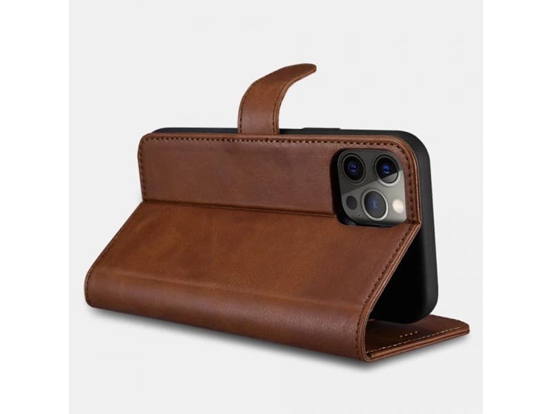 iPhone 12 Pro Max - iCarer Crazy Horse Etui portefeuille en cuir véritable, 2en1 avec protection RFID, marron – 4