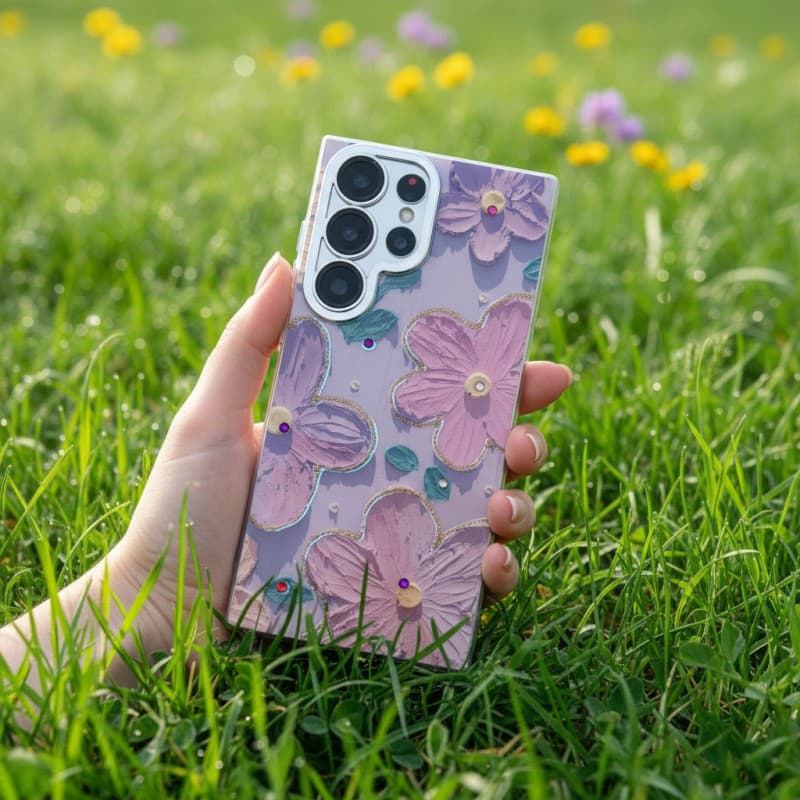 Samsung Galaxy S23U - blue flowers glossy case with chrome surface – 2