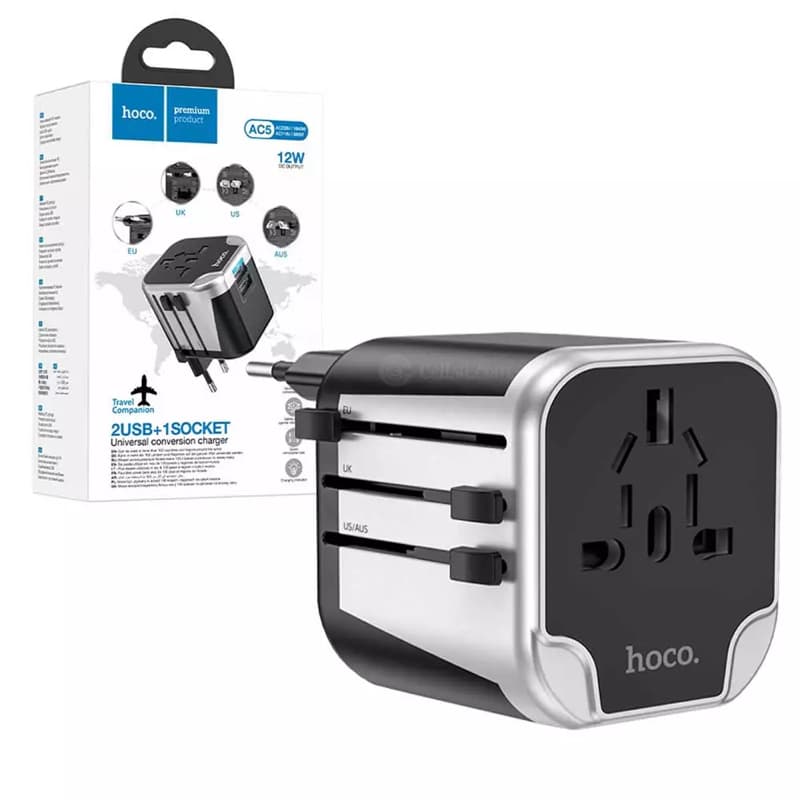 HOCO AC5 Travel Companion – Universeller Reiseadapter mit 2× USB & 1× Steckdose, schwarz/grau – 2