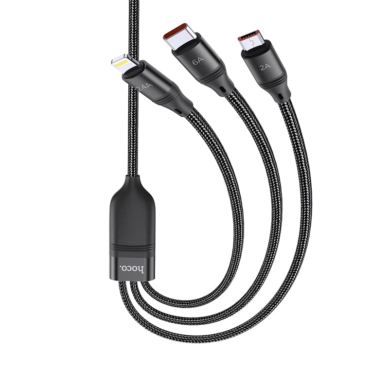 HOCO 3-in-1 Ultra 6A fast charging data cable for lightning+Micro+Type-C, schwarz (U104)