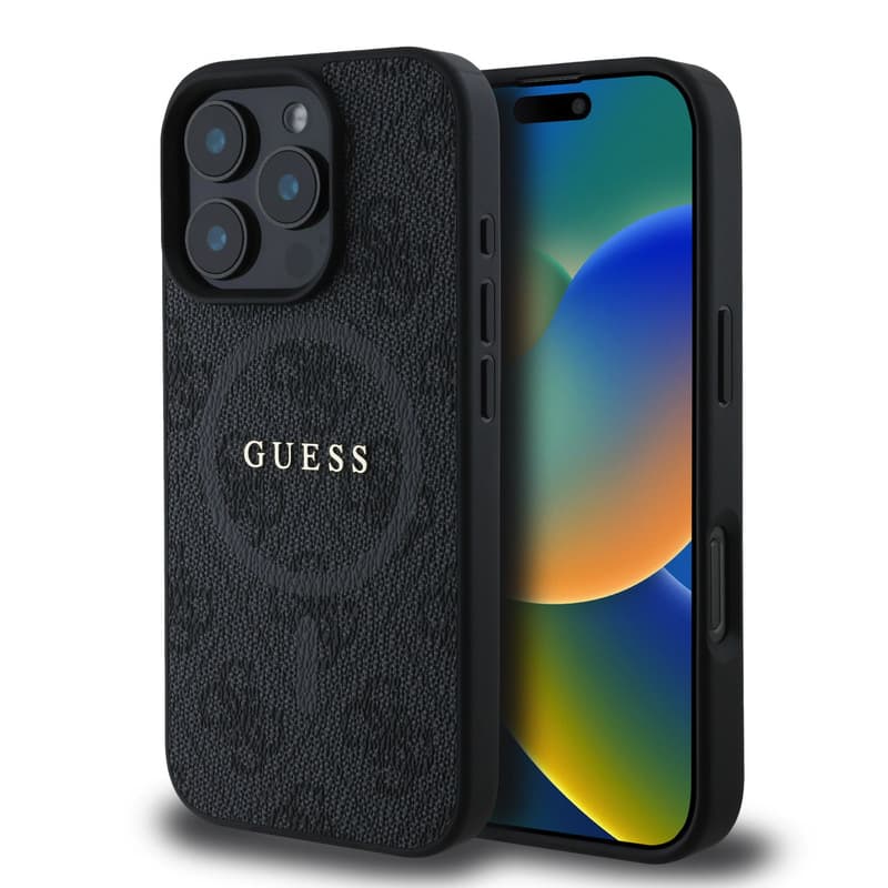 iPhone 16 Pro - Guess PU Leather 4G Colored Ring MagSafe Back Case (GUHMP16LG4GFRK), Black