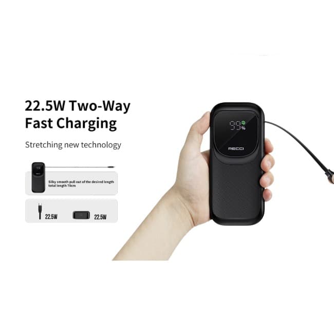 Recci RPB-P47 10000mAh Powerbank, 22.5W, USB Type-C Magsafe estensibile, nero – 2