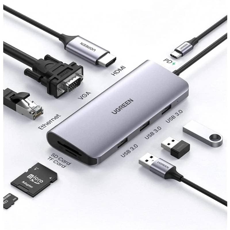 Ugreen - USB-C Hub 9-in-1 with HDMI, VGA, LAN, SD/TF & PD (CM179 / 40873), gray