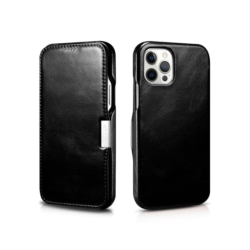 iPhone 13 Pro Max - Echtleder Folio-Hülle mit Metallclip aus der Vintage-Serie Schwarz RIX1308-BK