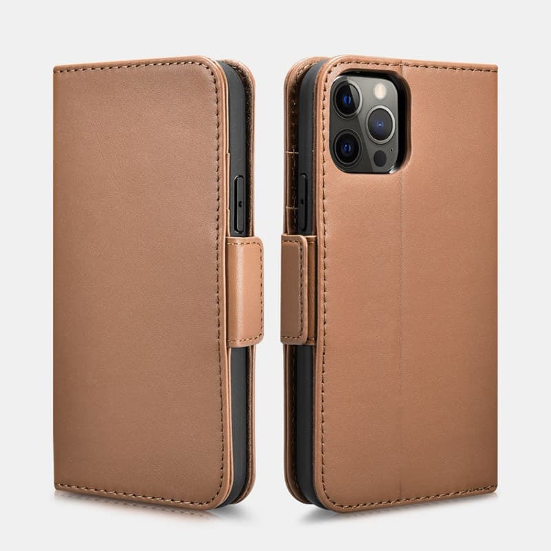 iPhone 12 Pro Max - iCarer Haixing Series Étui portefeuille en cuir véritable Étui portefeuille 2-en-1, magnétique, marron clair
