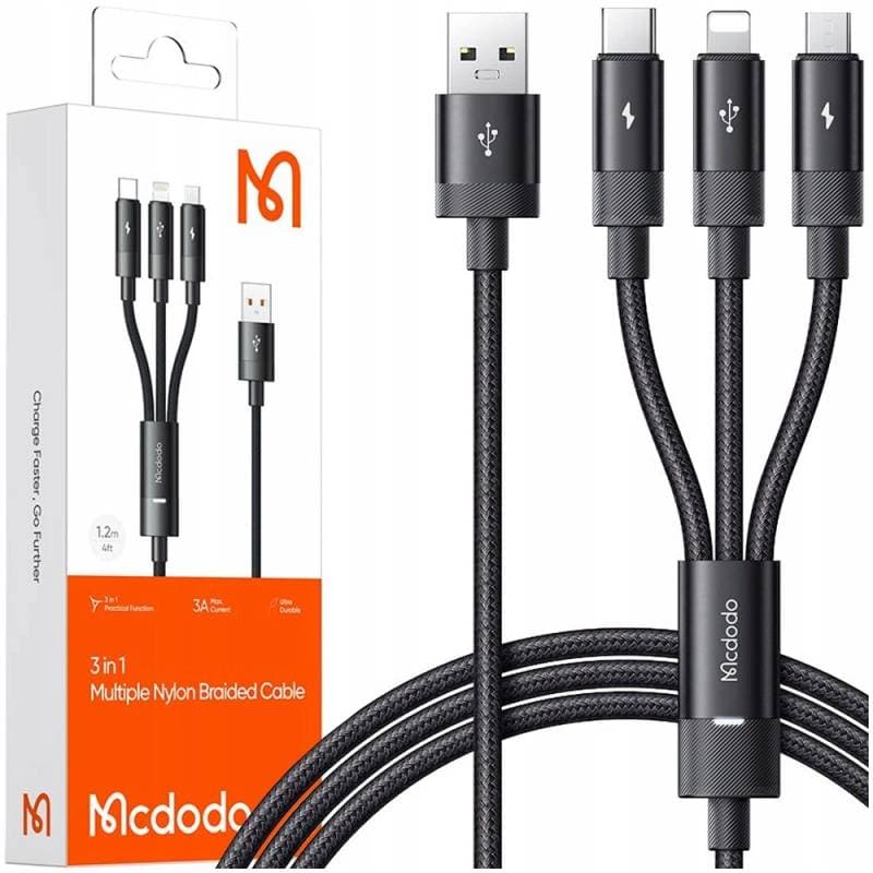 McDodo - 3 in 1 Multikabel (Lightning + USB-C + Micro-USB) auf USB-A, 1.2m, Schwarz