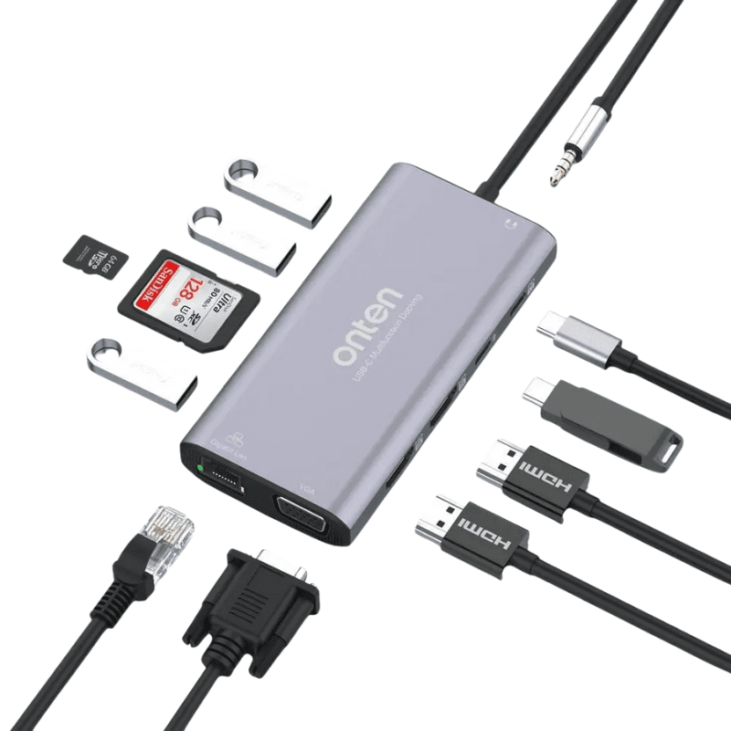 UC301- Onten 12-in-1 4k 30Hz Usb-C a {PD 3.0} {Usb-C} {Jack 3.5mm} {HDTV{4k 30Hz} {VGA 1080 P} {USB 3.0 X 3} Slot per schede SD/TF} – 2