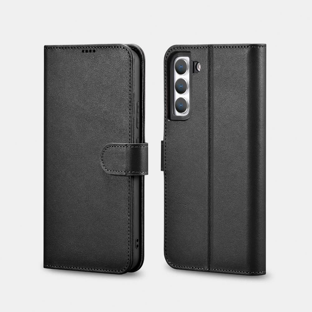 iCarer Samsung S22+ Housse en cuir véritable pour livre à clapet noir