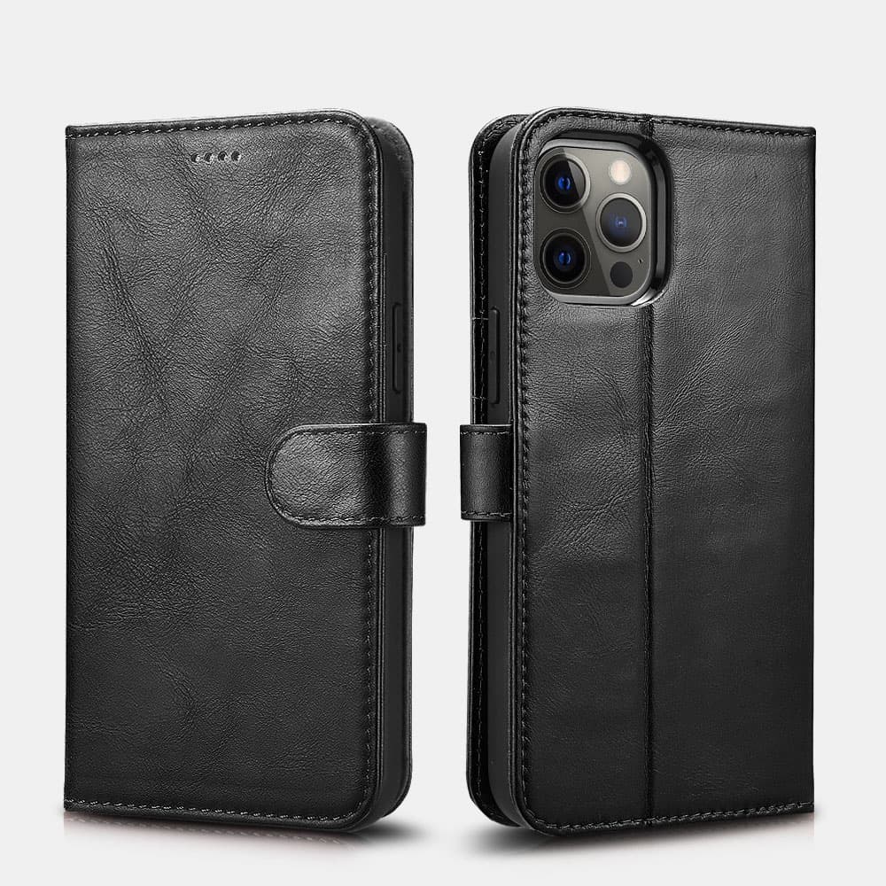 iPhone 12 Pro Max - iCarer Crazy Horse Etui portefeuille en cuir véritable, 2en1 avec protection RFID, noir