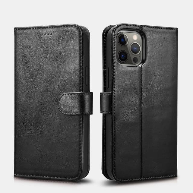 iPhone 12 Pro Max - iCarer Crazy Horse Etui portefeuille en cuir véritable, 2en1 avec protection RFID, noir