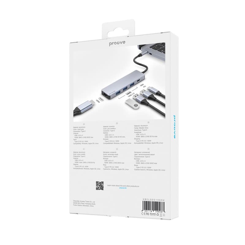 Proove - 5-in-1 HDMI Iron Link, (2x USB-A, 1x USB-A, DHMi 3840x2160 30Hz) Silver – 3