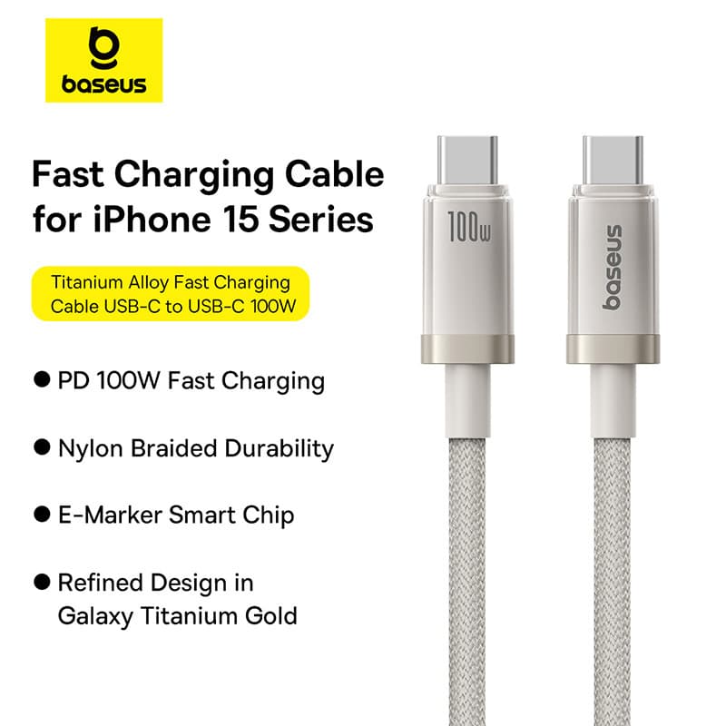 Baseus Titanium Alloy Fast Charging Cable USB-C to C, 100W, 1m, weiss – 2