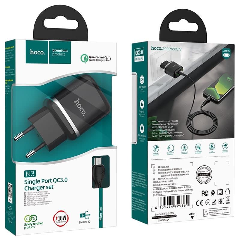 HOCO Set di caricabatterie QC3.0 a porta singola con cavo micro-USB (N3)
