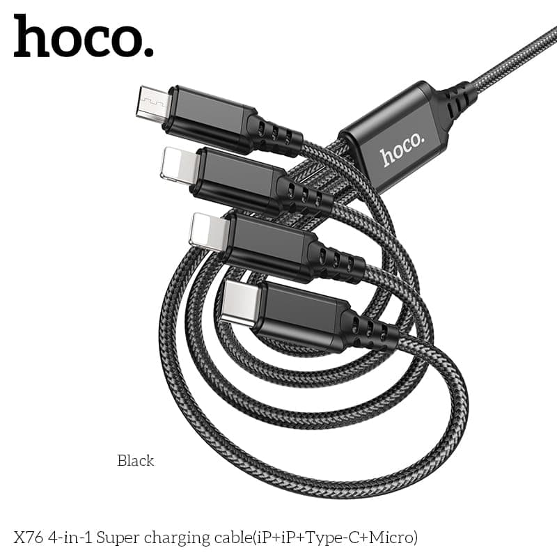 Hoco X76 4-in-1 Super charging cable(iP+iP+Type-C+Micro), schwarz