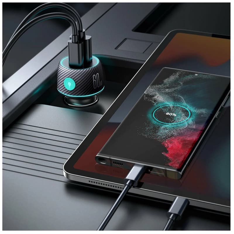 Joyroom - JR-CCN01 60W 1A+1C Caricabatterie da auto multicolore con pulsante luminoso - Nero – 4