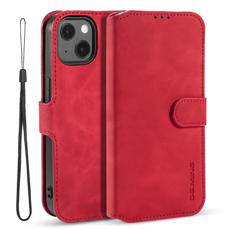 iPhone 13 Mini - DG.MING Vintage Flip Case avec 3 compartiments pour cartes et fermeture magnétique, aspect cuir, housse de protection, rouge – 2