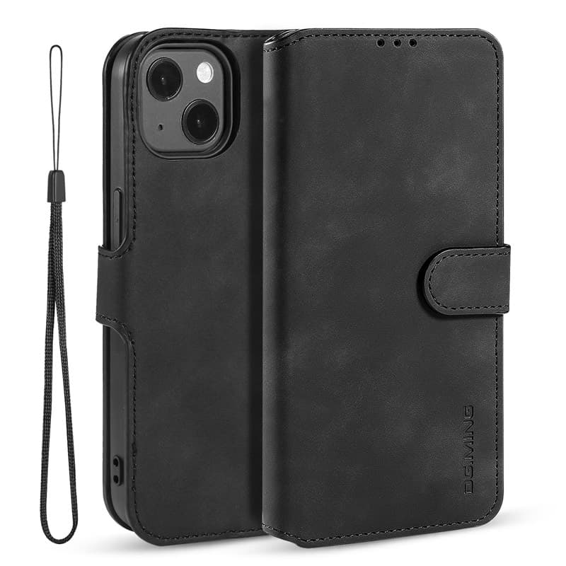 iPhone 13 - DG.MING Vintage Flip Case, 3 Kartenfächer, Magnetverschluss, Leder-Optik, schwarz – 2