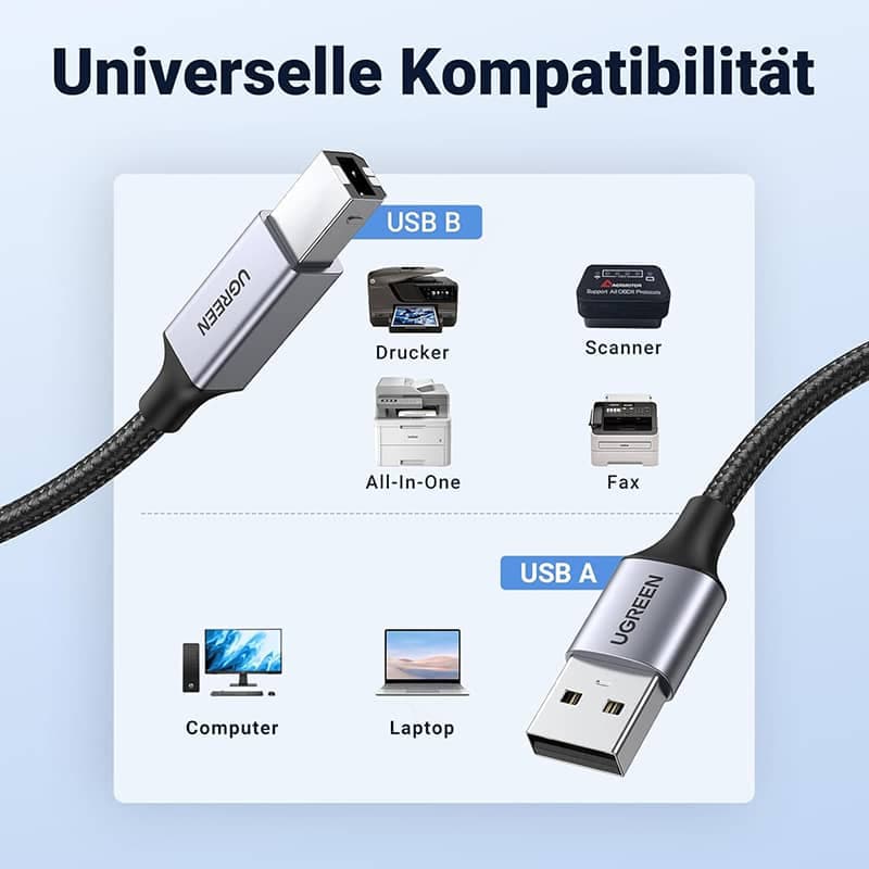 Ugreen – USB-A auf USB-B 2.0 Druckerkabel – Alugehäuse 3 m (US369 / 80804), schwarz/grau – 2