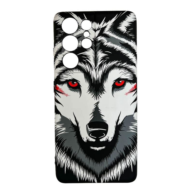Samsung Galaxy S21 Ultra – Luxo Backcase White Wolf mit roten Augen & Wolfsmotiv, Weiss/Grau