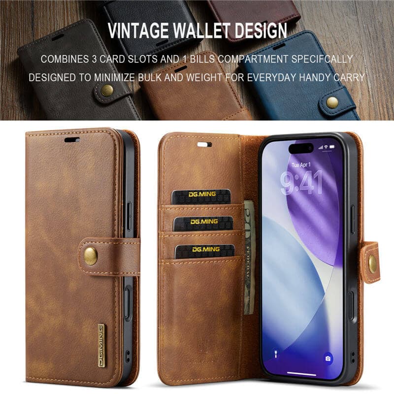 iPhone 17 Pro - DG.MING Flip Case, 3 Kartenfächer, Magnetverschluss, Leder-Optik, Grau – 4