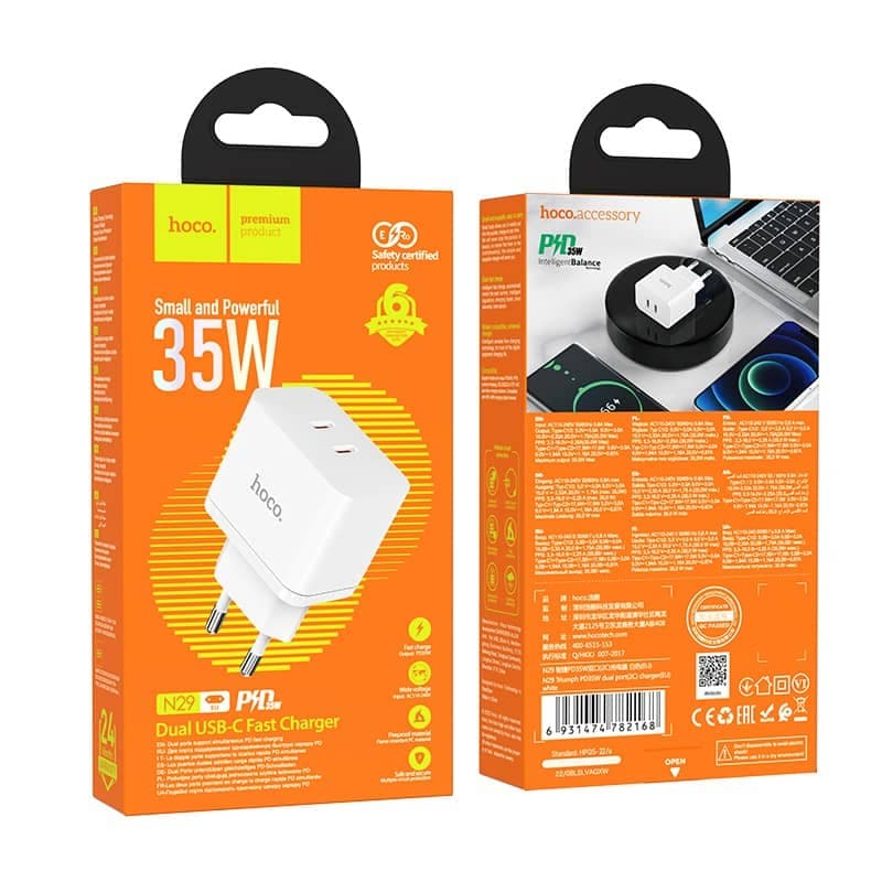Hoco PD35W Dual Port USB-C Quick Charger, N29, weiss