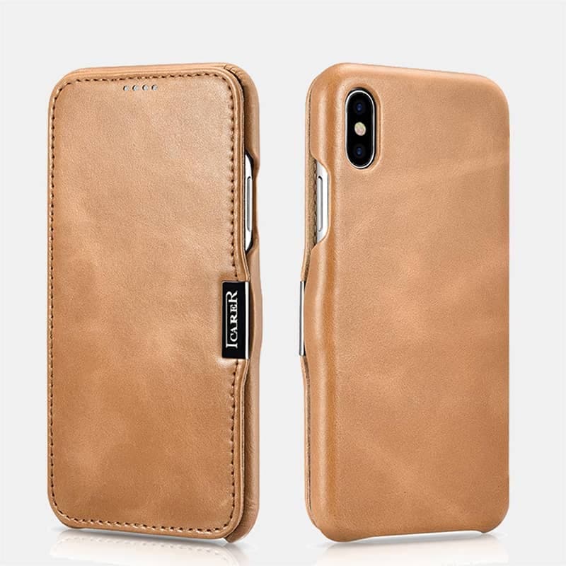 iPhone Xs Max - iCarer Serie Vintage Custodia Flip in vera pelle ad apertura laterale Camel (RI904-GG)