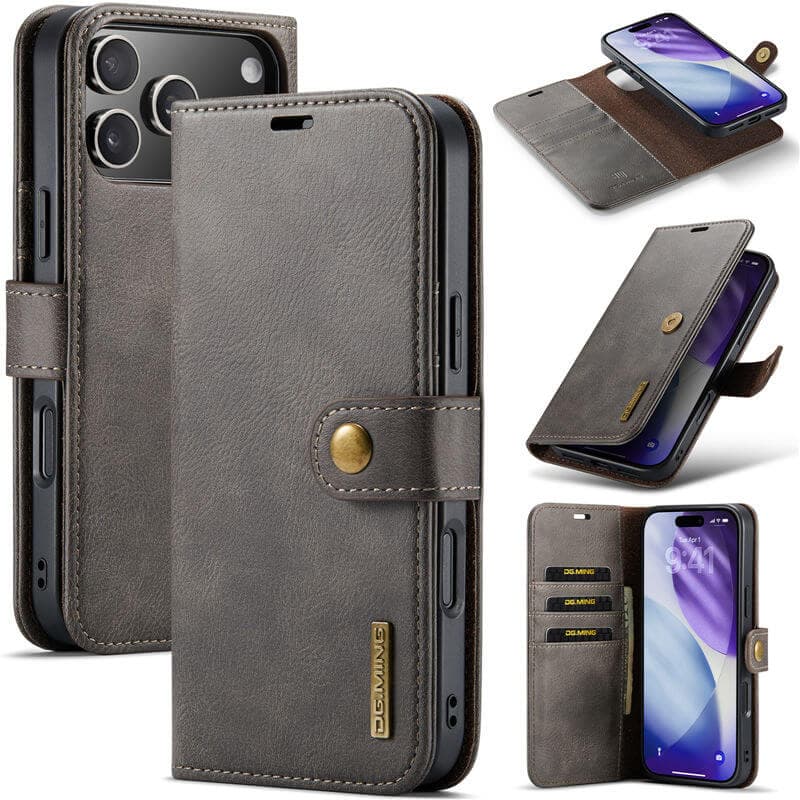 iPhone 17 Pro - DG.MING Flip Case, 3 Kartenfächer, Magnetverschluss, Leder-Optik, Grau