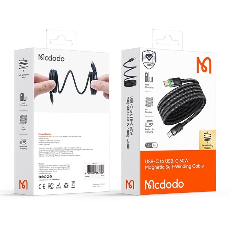 McDodo - USB-C to USB-C Magnetic Self-Winding Cable, 60W, 1.2m, Schwarz – 2
