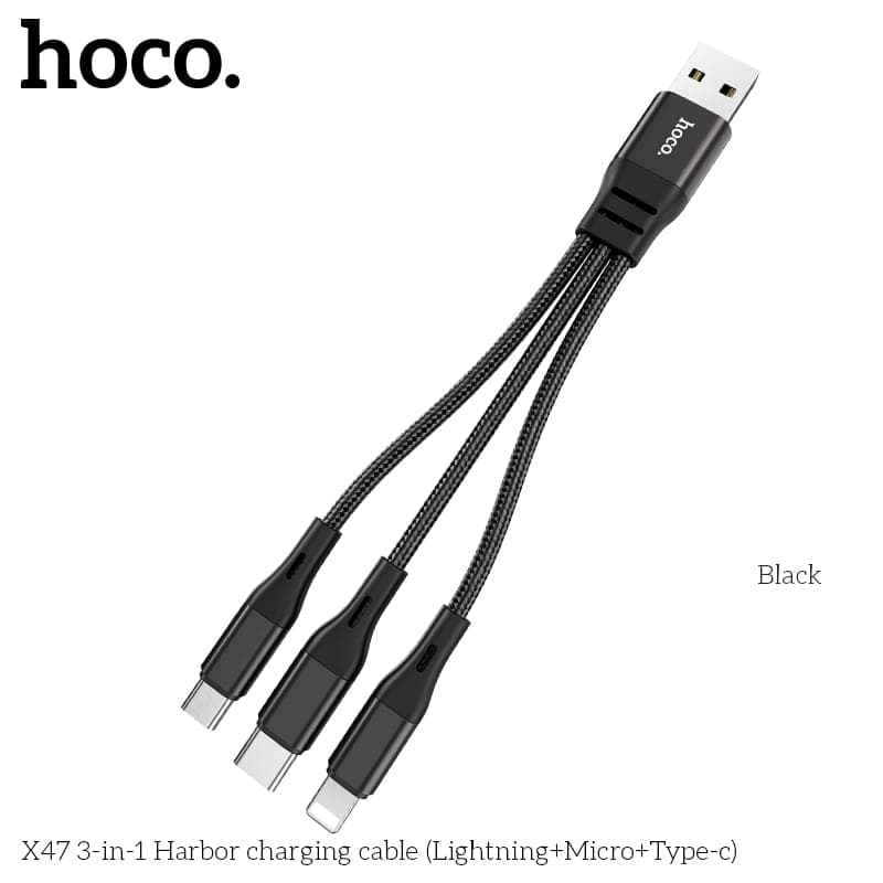 Hoco X47 3-in-1 Harbor Ladekabel (Lightning/Micro-USB/USB-C), 25 cm, Schwarz