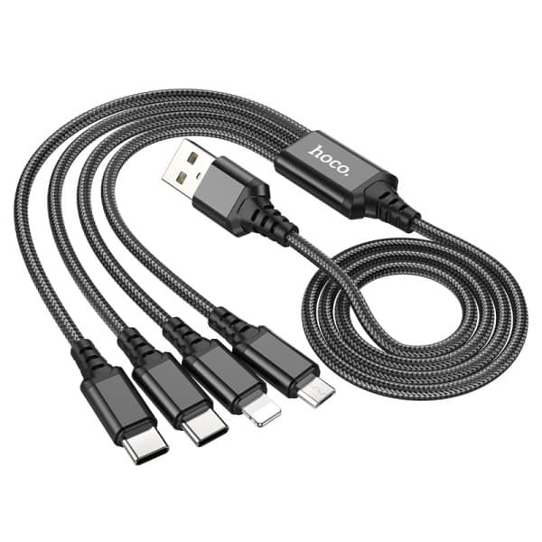 Hoco X76 4-in-1 Super Charging Cable - Hoco USB-C auf USB-C, Lightning & Micro, Rot/Schwarz/Blau, Aluminium/Nylon