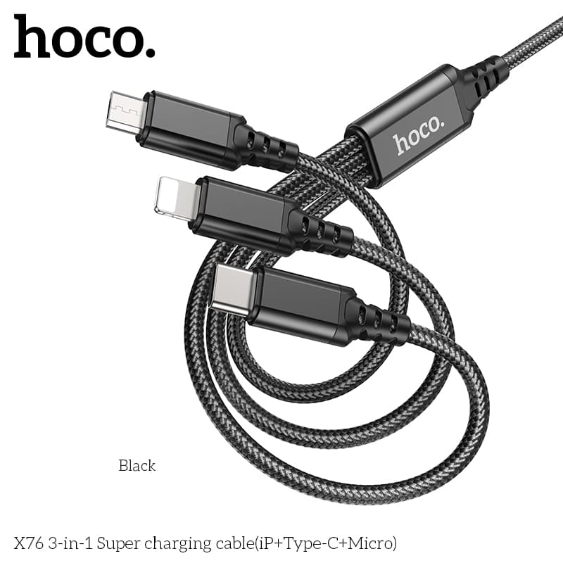 Hoco X76 3-in-1 Super charging cable(iP+Type-C+Micro), schwarz