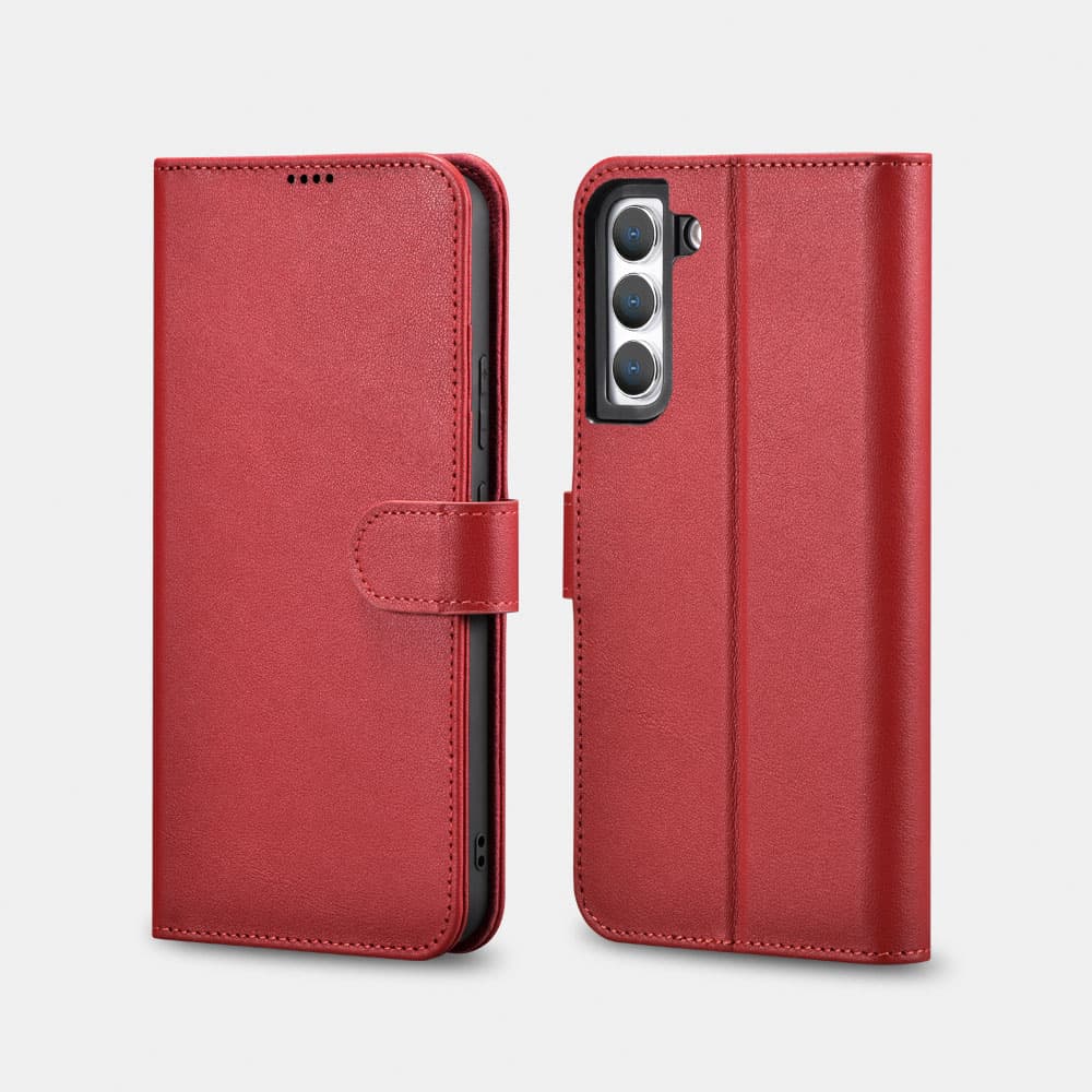 iCarer Samsung S22+ Housse en cuir véritable pour livre à clapet rouge