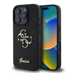 iPhone 16 Pro Max - Guess PU Fixed Glitter 4G Metal Logo Back Case (GUHCP16XHG4SGK), Black – Bild 1