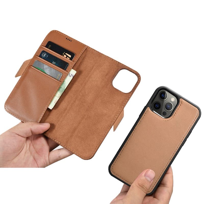 iPhone 12 Pro Max - iCarer Haixing Series Étui portefeuille en cuir véritable Étui portefeuille 2-en-1, magnétique, marron clair – 2